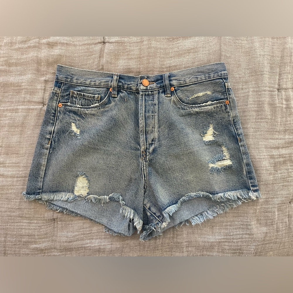 Blank NYC Distressed High-Rise Denim Jean Shorts - Light Blue